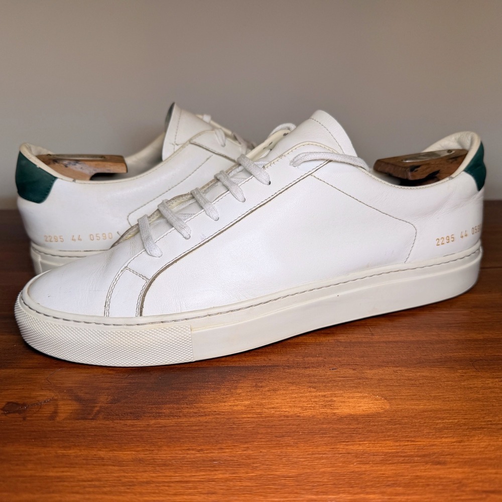 Common Projects Achilles Retro Low Shoes Mens 44 White Leather Green Heel 2295